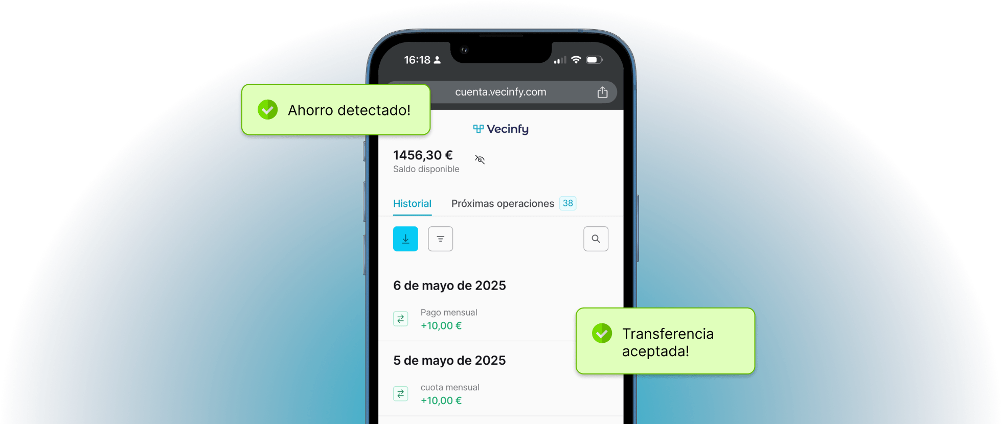 Cuenta Vecinfy para la Gestión Financiera de Comunidades Interfaz de la cuenta para comunidades de Vecinfy en un smartphone, mostrando el saldo, el historial de transacciones y notificaciones de ahorro y transferencias.
