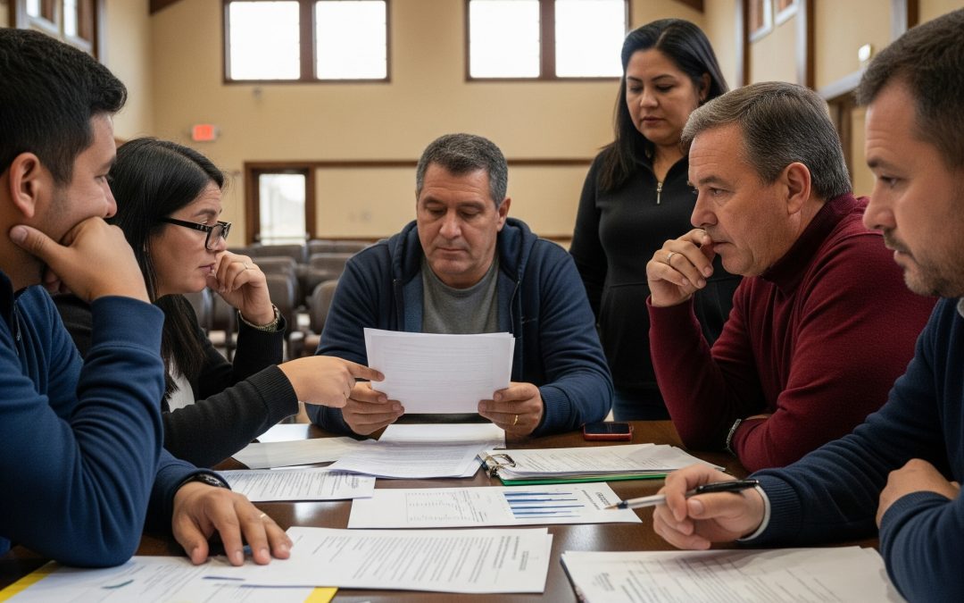 Grupo de propietarios reunidos revisando presupuestos y facturas para optimizar los gastos de la comunidad